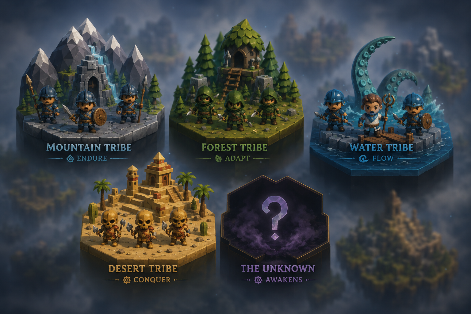 All five factions of Aetherfall on their native terrain