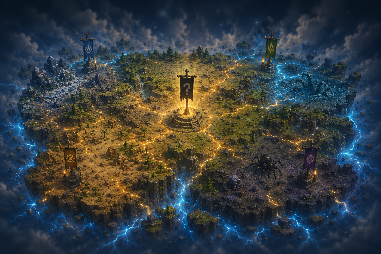 The full hex game board with faction banners and fog of war